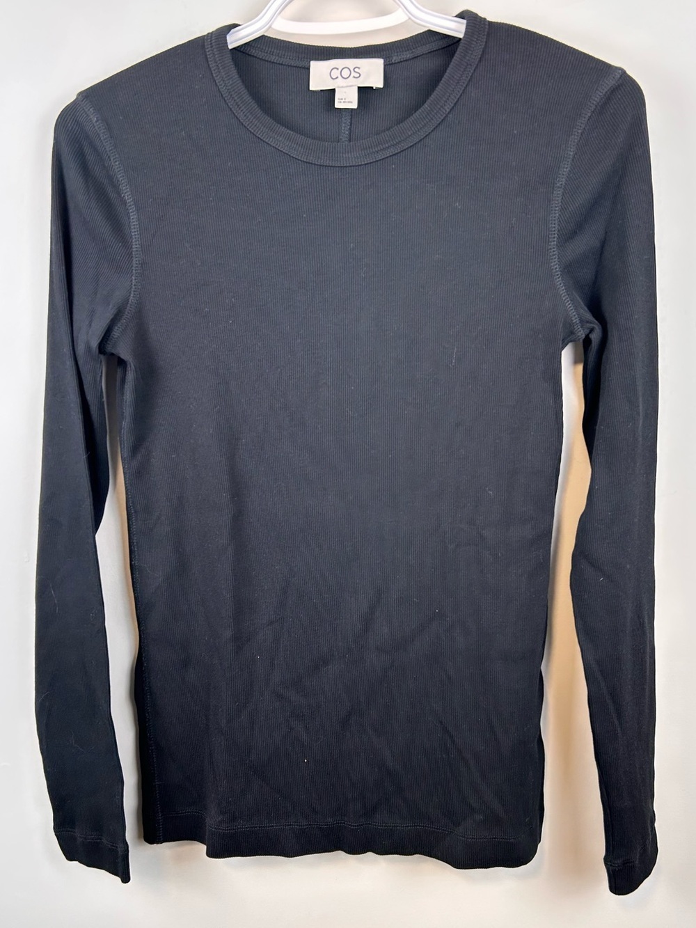 COS Ribbed Long Sleeve Top Black Slim Fit Stretch Crewneck Minimalist Size S